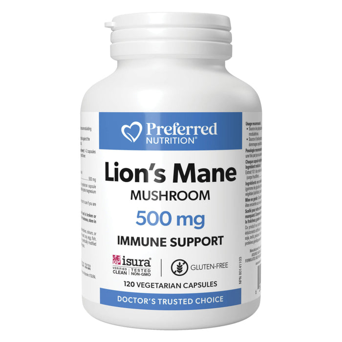 Bottle of Preferred Nutrition Lion's Mane Mushroom 120 Vegetarian Capsules