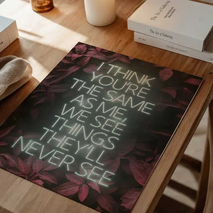 Live Forever Lyrics Print, music lyrics print unframed on a home office desk