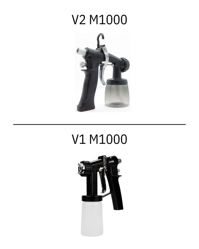 Comparison of V2 M1000 and V1 M1000 spray guns on a white background