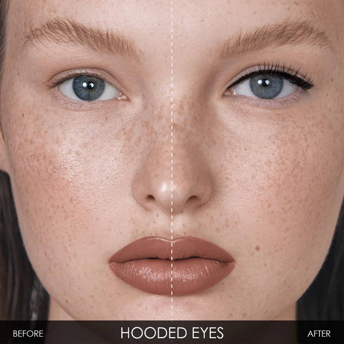 A split-screen with-and-without demonstration of the Macro Blade Liquid Liner on hooded eyes.