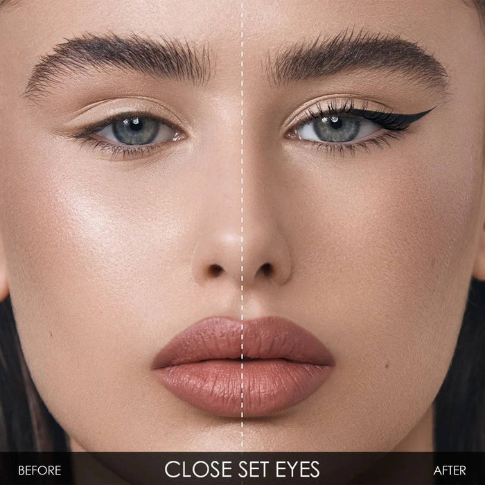 A split-screen with-and-without demonstration of the Macro Blade Liquid Liner on close-set eyes.
