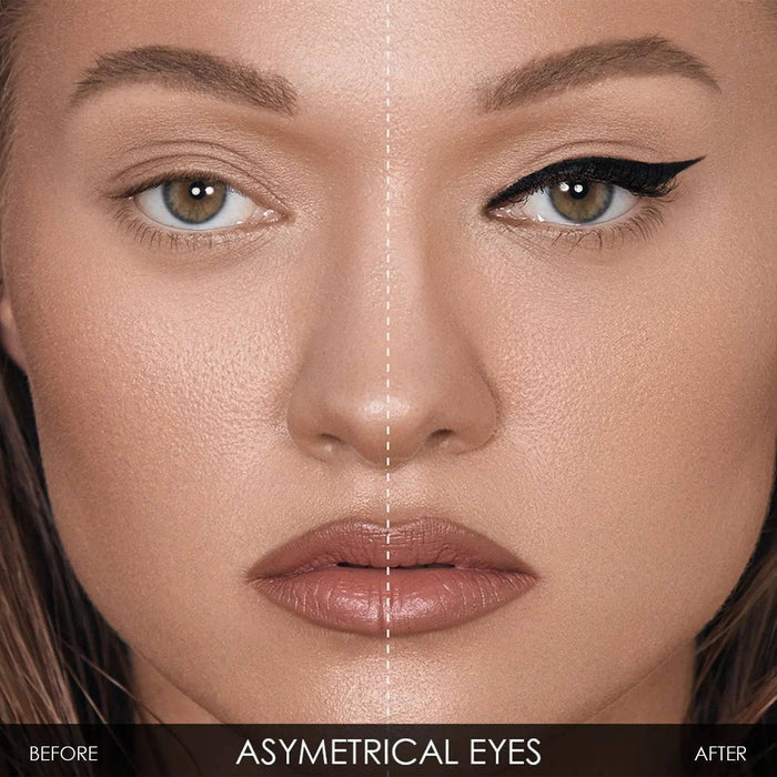 A split-screen with-and-without demonstration of the Macro Blade Liquid Liner on asymmetrical eyes.