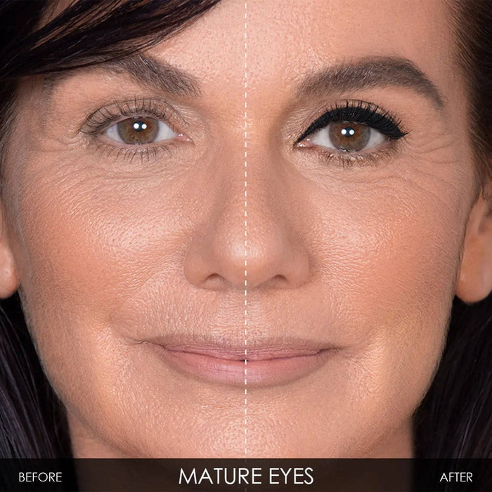 A split-screen with-and-without demonstration of the Macro Blade Liquid Liner on mature eyes.