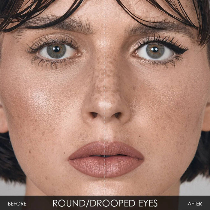 A split-screen with-and-without demonstration of the Macro Blade Liquid Liner on round/drooped eyes.