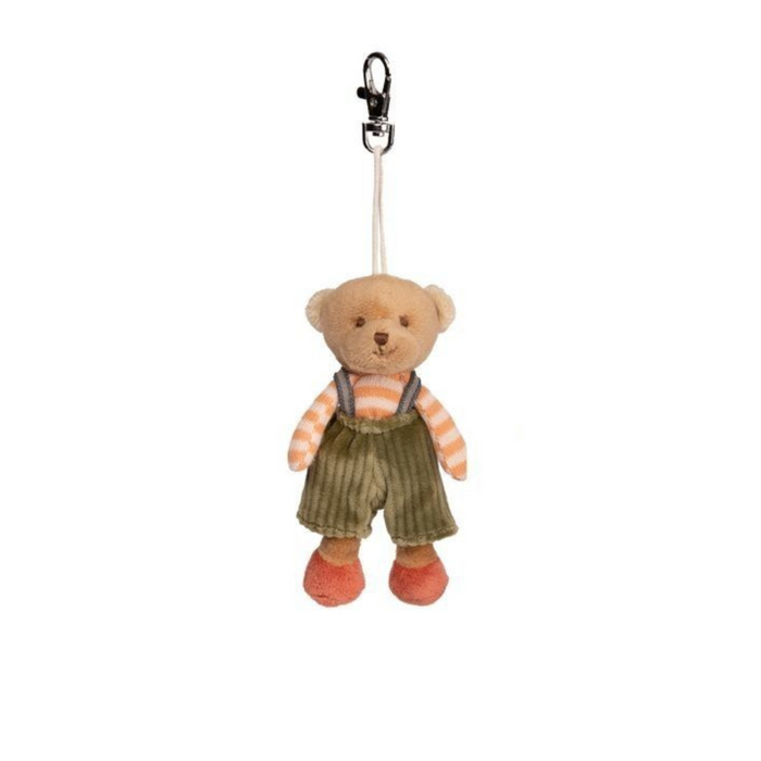 Teddy bear bag charm with hanging strap, striped shirt, green overalls, and red felt shoes