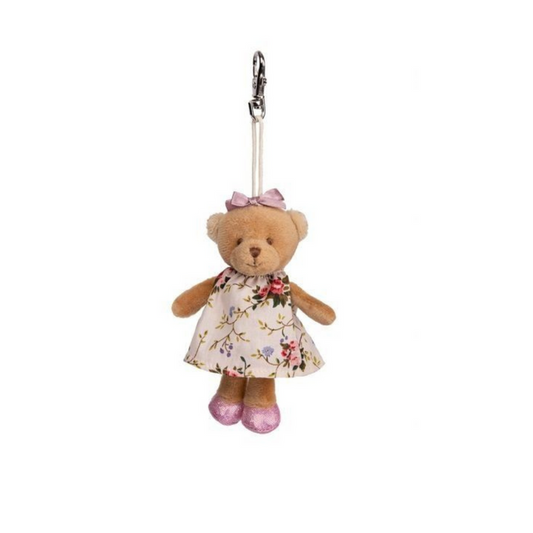 Teddy bear bag charm with purple shoes, floral dress, and silver keyring