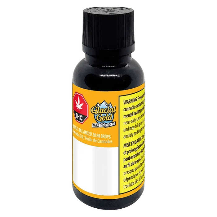 Front view of the Max Balanced 30:30 Drops bottle, displaying a gold and white label against a dark background.