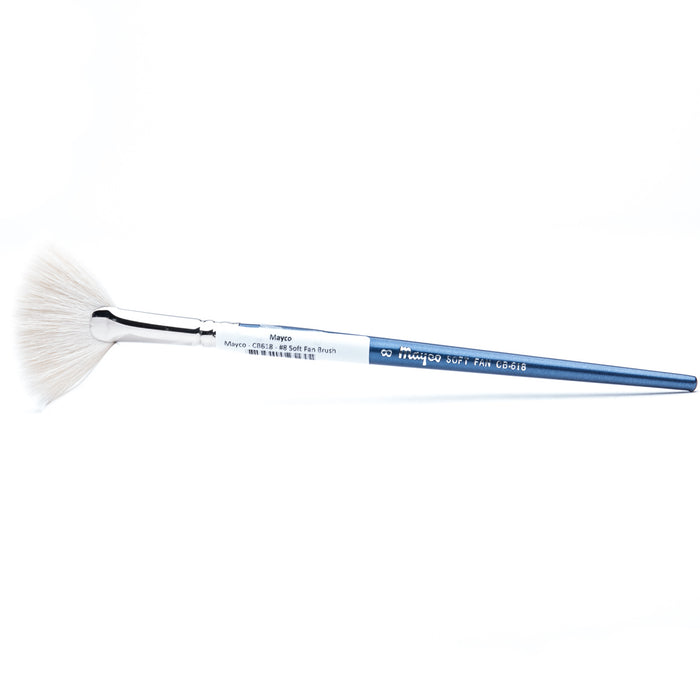 Mayco CB-618 #8 Soft Fan Brush with white fan-shaped bristles, silver ferrule and long blue handle