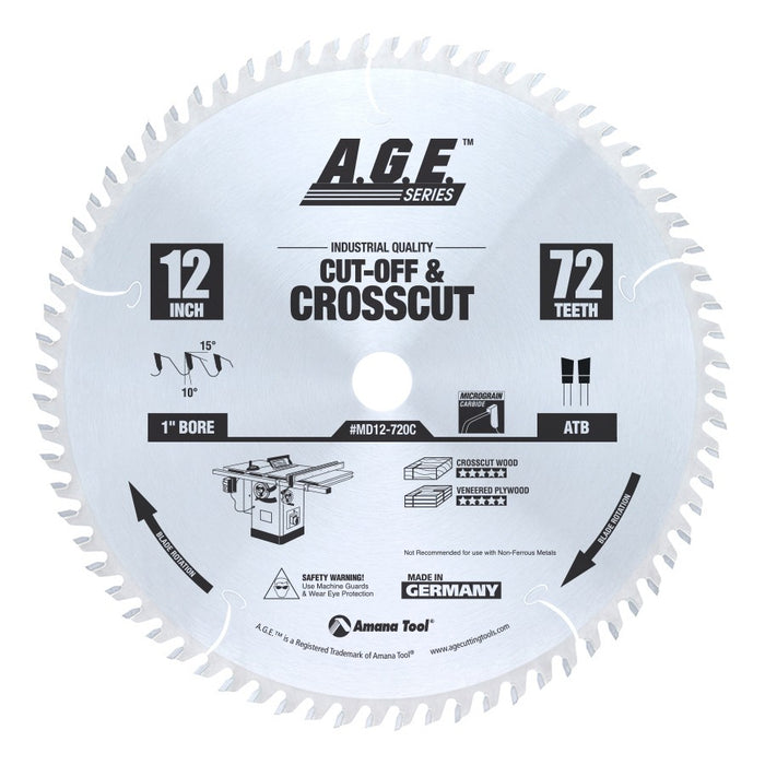 MD12-720 Carbide Tipped Cut-Off & Crosscut 12 Inch Dia x 72T ATB, 10 Deg, 1 Inch Bore Circular Saw Blade