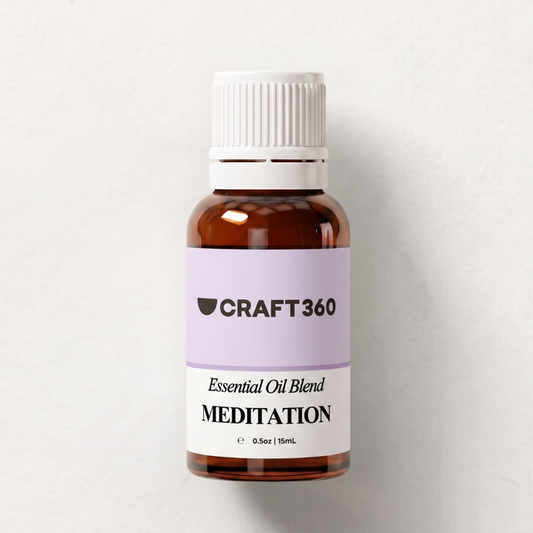 Bottle of 'Meditation' essential oil blend by Craft360 on a white background