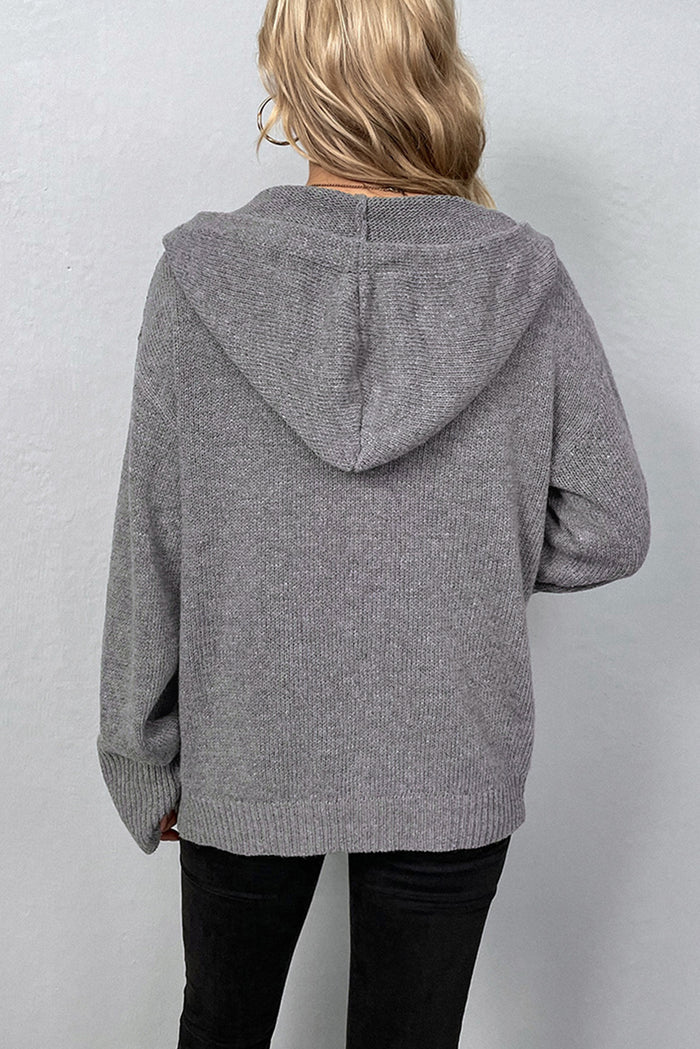 Medium Grey Drawstring Hooded Button Up Drop Shoulder Sweater Cardigan 🇨🇳