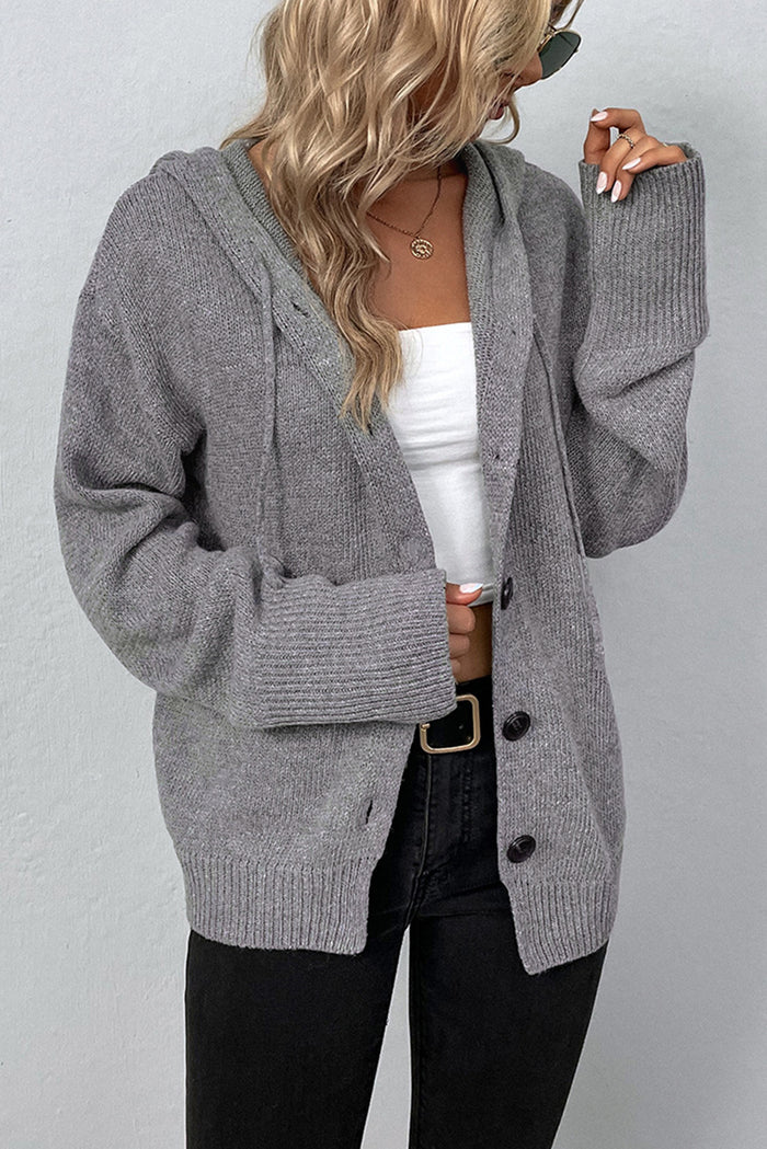 Medium Grey Drawstring Hooded Button Up Drop Shoulder Sweater Cardigan 🇨🇳