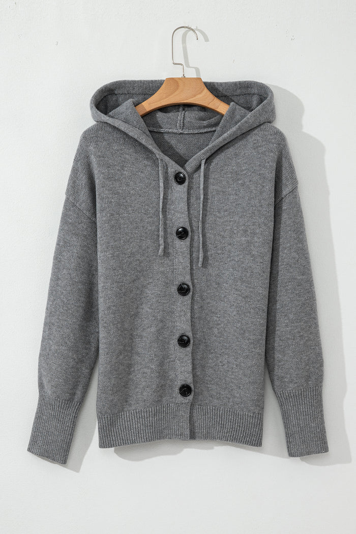 Medium Grey Drawstring Hooded Button Up Drop Shoulder Sweater Cardigan 🇨🇳