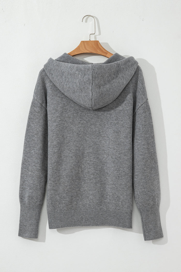 Medium Grey Drawstring Hooded Button Up Drop Shoulder Sweater Cardigan 🇨🇳