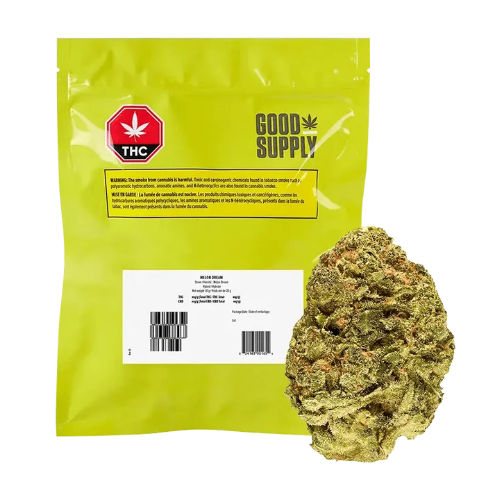 Front view of the Good Supply Melon Dream package with warning labels, highlighting the bright colors and product branding.