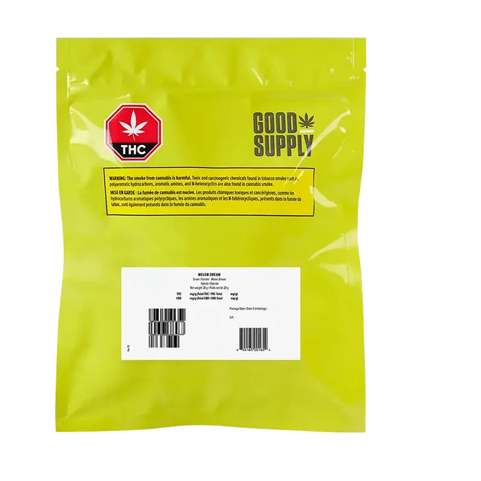 A close-up of the Good Supply Melon Dream packaging with bold branding, displaying a warning label against cannabis smoke.