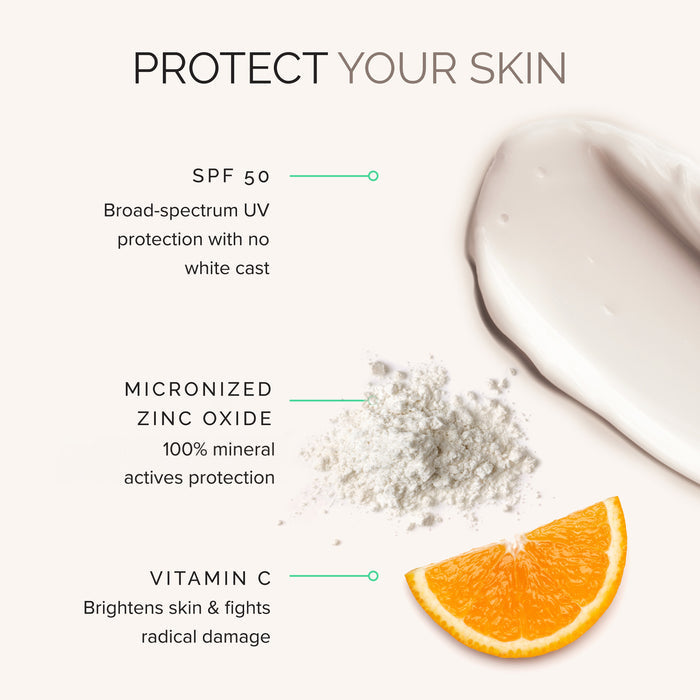 Product packaging with SPF 50, micronized zinc oxide, and vitamin C benefits displayed.
