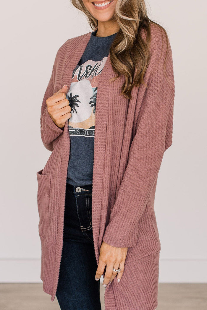 Mineral Red Solid Color Waffle Knit Cardigan with Pocket 🇨🇳
