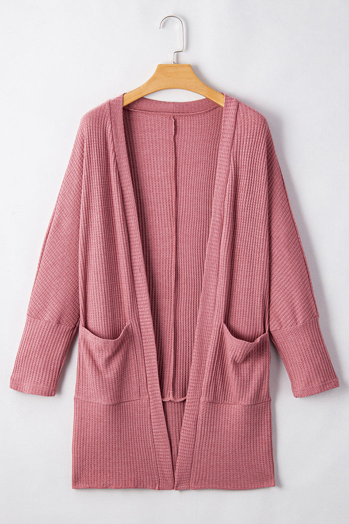 Mineral Red Solid Color Waffle Knit Cardigan with Pocket 🇨🇳