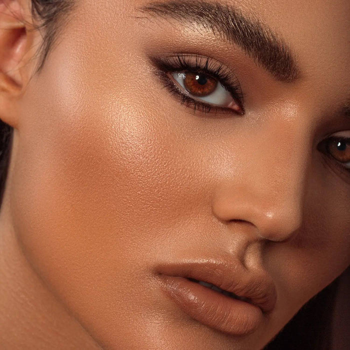 Mini Bronze and Glow Cheek Palette model look on a brown background.