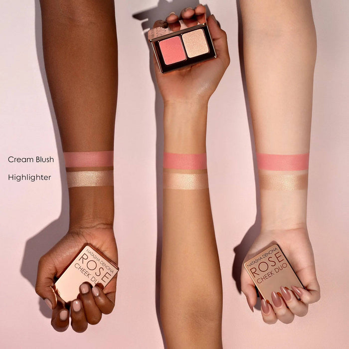 Mini Rose Cheek Duo arm swatches on different skin tones.