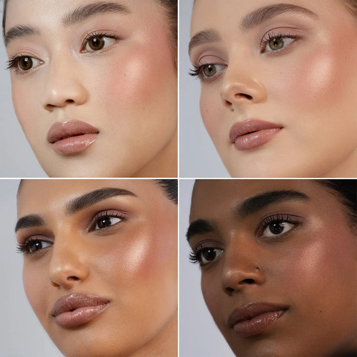 Mini Rose Cheek Duo inspired collage with four full-face model looks with different skin tones.