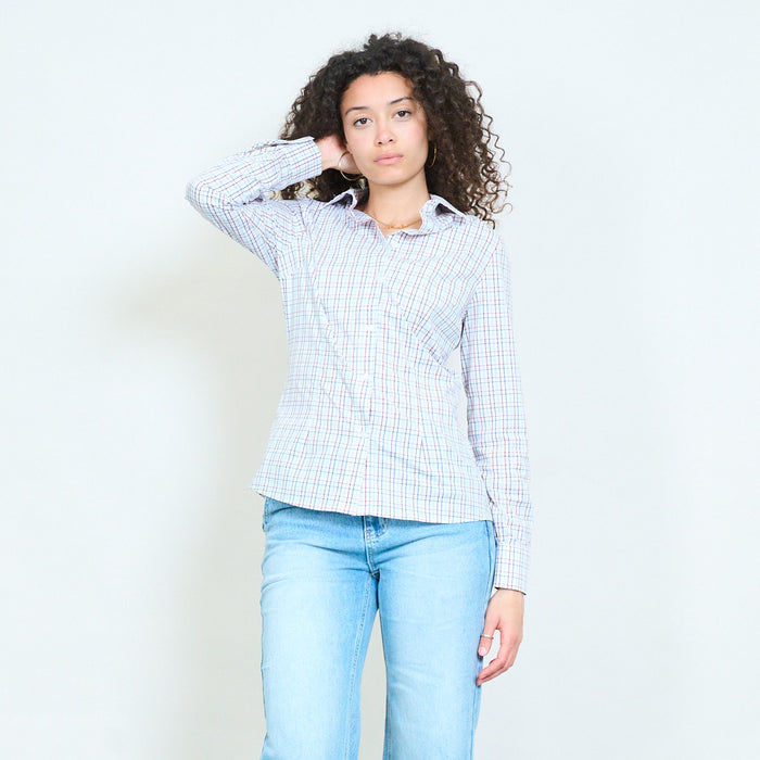 Minimal grid check printed fitted long sleeve shirt blouse wholesale
