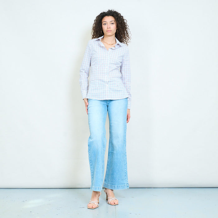 Minimal grid check printed fitted long sleeve shirt blouse wholesale