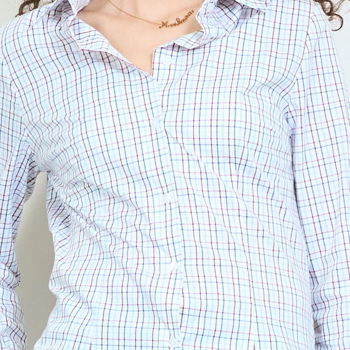 Minimal grid check printed fitted long sleeve shirt blouse wholesale