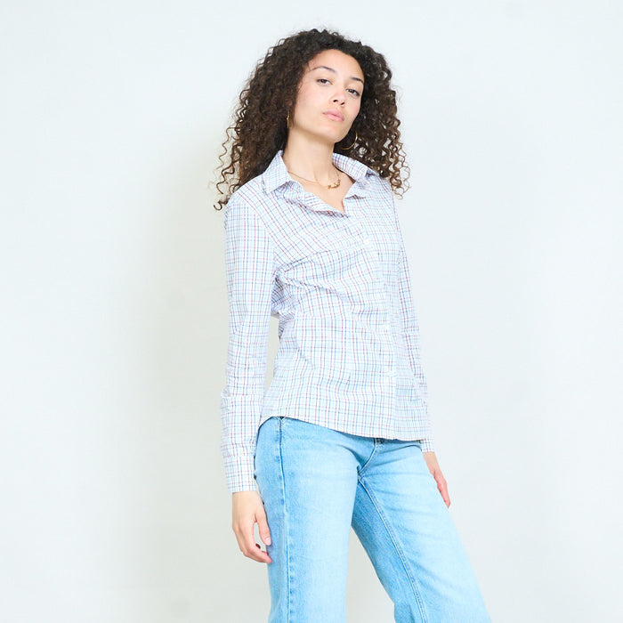 Minimal grid check printed fitted long sleeve shirt blouse wholesale