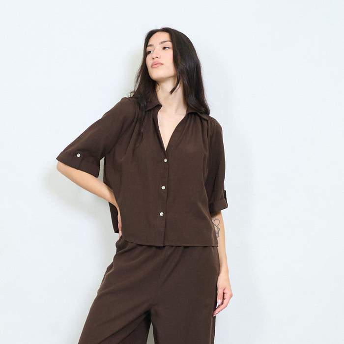 Minimal rolled sleeve button blouse wholesale