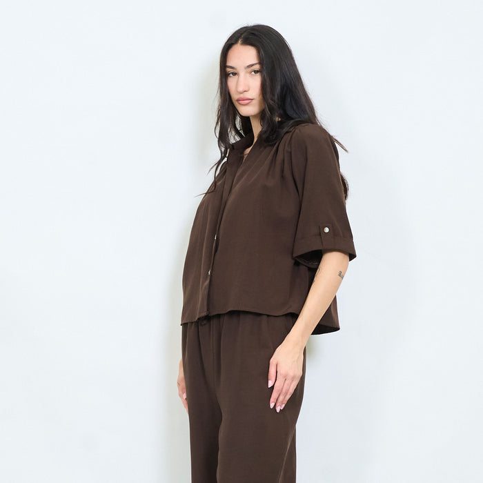 Minimal rolled sleeve button blouse wholesale