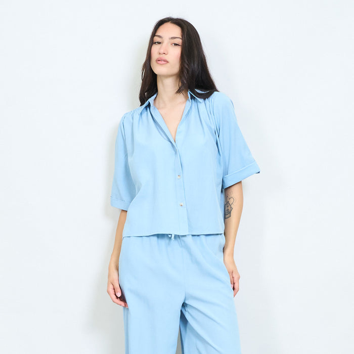 Minimal rolled sleeve button blouse wholesale