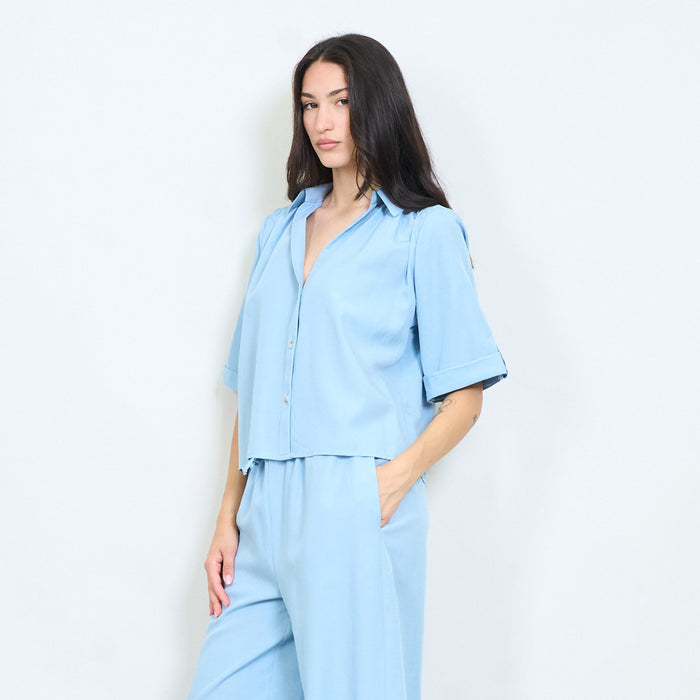 Minimal rolled sleeve button blouse wholesale