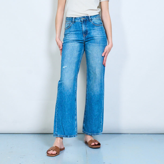 Minimal straight wide-leg denim jeans with soft fade detail wholesale