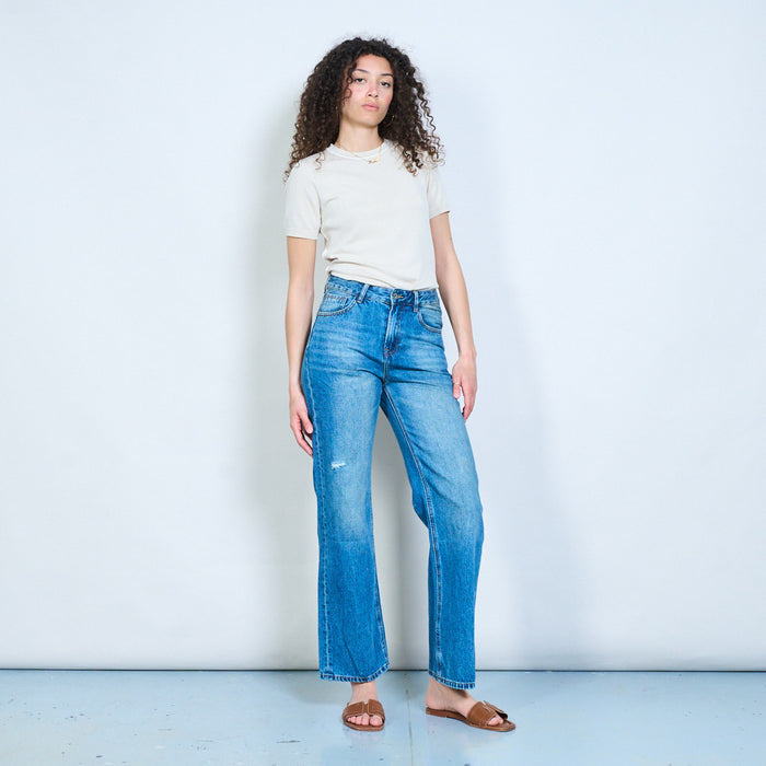 Minimal straight wide-leg denim jeans with soft fade detail wholesale