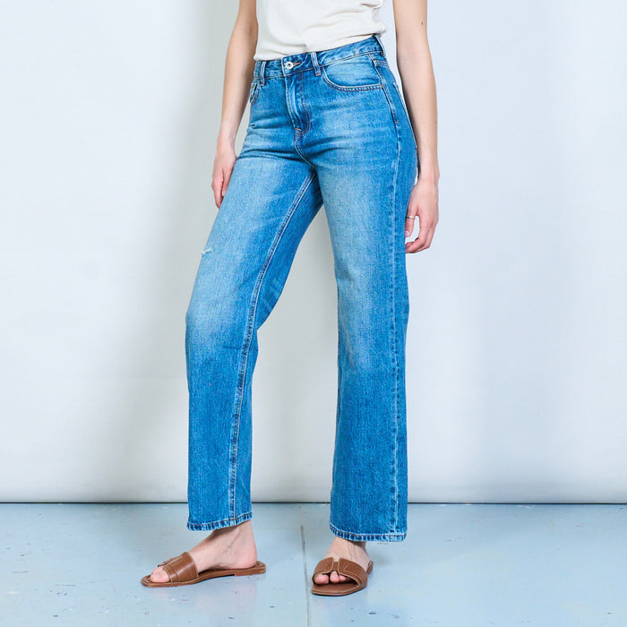 Minimal straight wide-leg denim jeans with soft fade detail wholesale