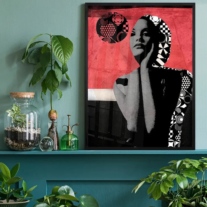 Framed Model 1 pink and black abstract graphic art print featuring a stylized portrait on archival paper.