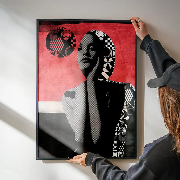 Framed Model 1 pink print featuring a black and white abstract portrait with geometric patterns on 250gsm archival art paper.