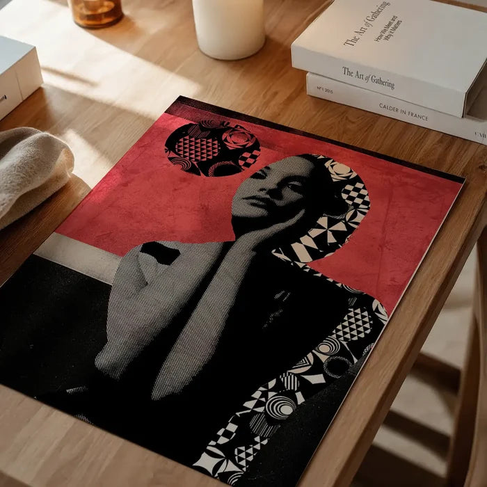 Graphic art print featuring a stylized figure in black and white on a textured pink background, printed on archival paper.