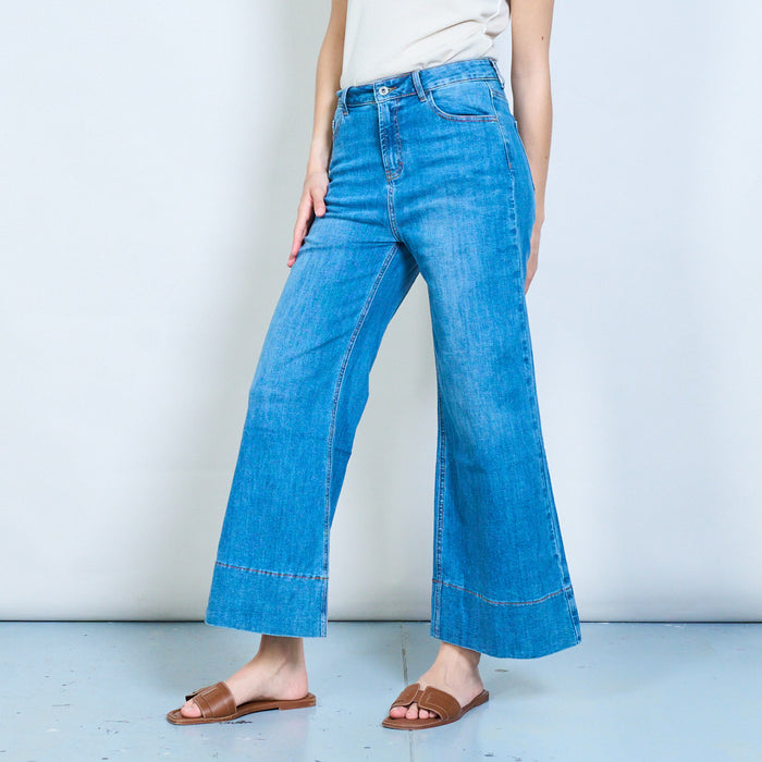 Modern wide-leg denim jeans with stitched hem panel detail wholesale