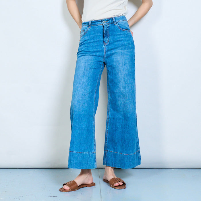Modern wide-leg denim jeans with stitched hem panel detail wholesale