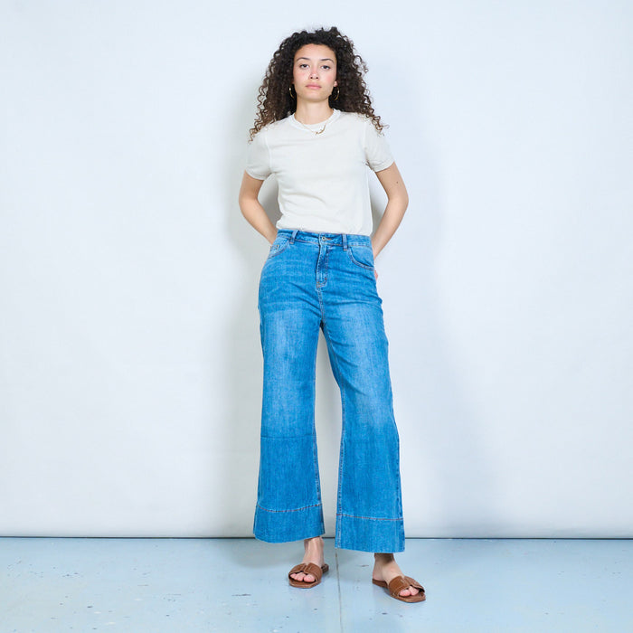Modern wide-leg denim jeans with stitched hem panel detail wholesale