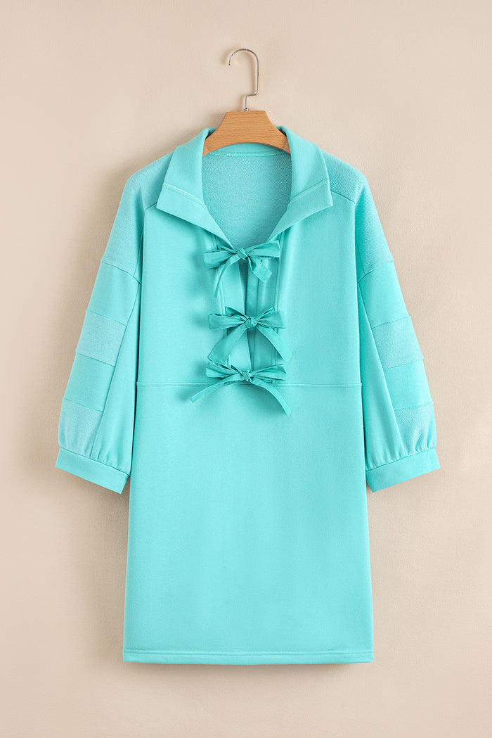Moonlight Jade Bow Front Bracelet Sleeve Collared Side Pocket Shift Mini Dress 🇺🇸