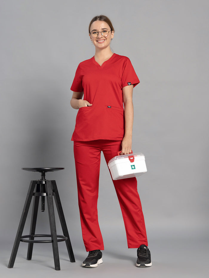 Move Lite Women Ember Red (Soft V Neck) Scrub Set