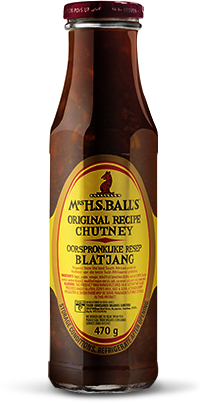One glass bottle of Mrs. H.S. Ball's Original Recipe Chutney, 470 g, with a yellow and red label.