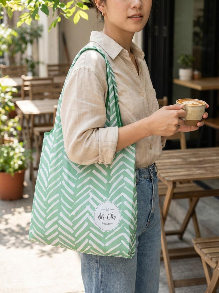 Ms. Chu Recycle Bag - Green Chevron Pattern - Foldable Eco-Friendly Shopping Bag