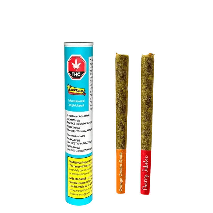 Front view of the Multi Strain Pack Infused Pre Rolled 2 x 1 g, showing two pre-rolled joints against a dark background.
