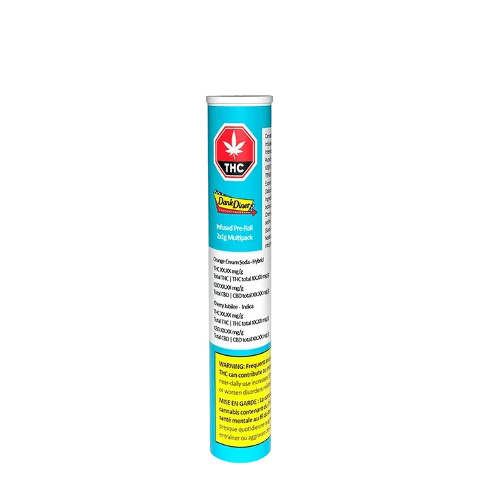 Front view of the Multi Strain Pack Infused Pre Rolled 2 x 1 g packaging with branding in bold lettering against a dark background.