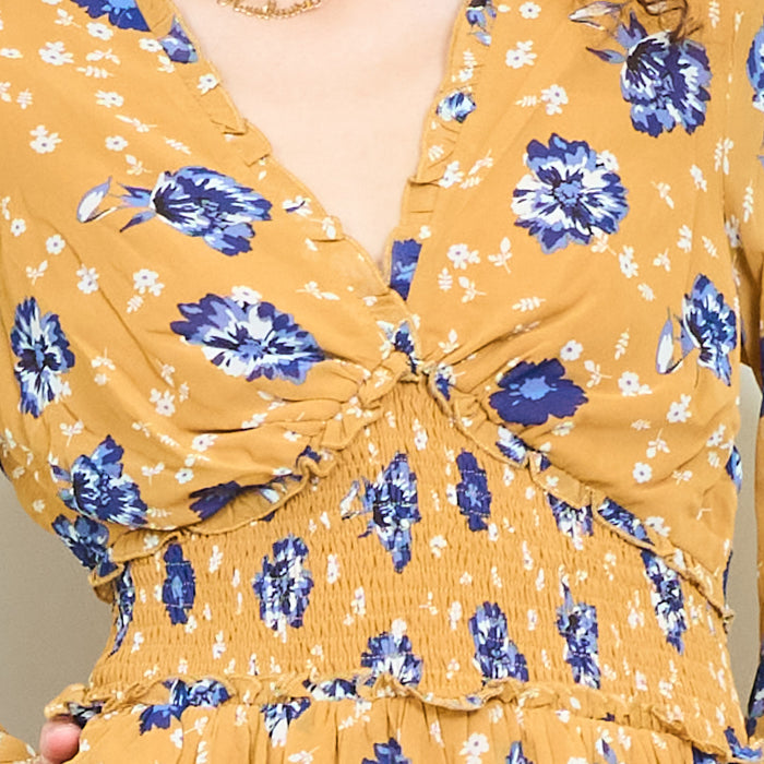 Mustard floral twist front mini dress with ruffle hem wholesale